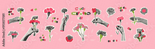 Happy Mothers Day halftone collage elements set. Paper cut out carnation with doodle. Retro Hands with bouquet flowers. Trendy greeting sticker vector collection. Best mom ever, thank you, love text.
