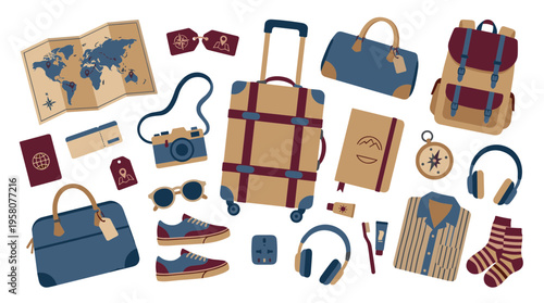 Collection of travel essentials and accessories for vacation adventure and exploration including luggage map passport camera and clothing