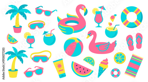 Vibrant summer vacation icons and symbols for beach holiday fun including tropical drinks, inflatable toys, sunglasses, and beach accessories
