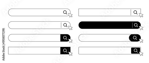 検索バーUIパーツセット（モノクロ・クリックカーソル付きWeb検索フォーム素材）