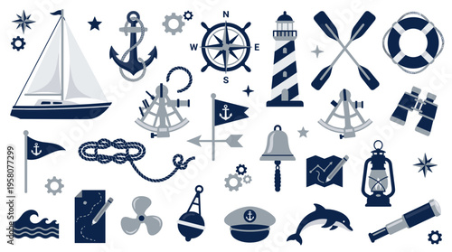 Nautical theme illustration with sailing boat anchor lighthouse compass ship wheel binoculars and marine elements on white background