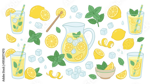 Refreshing Summer Lemonade pitcher and glasses with fresh mint and lemon slices on a white background, healthy beverage concept