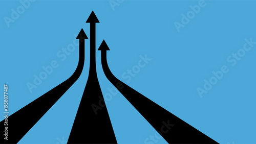 Foto Three black arrows converging and pointing upward on a solid blue background, Sy
