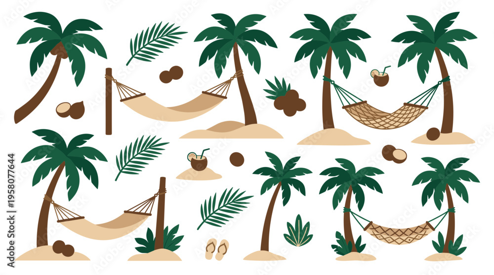 Obraz premium Tropical beach vacation scene with palm trees hammocks coconuts and palm leaves perfect for summer holiday and relaxation themes
