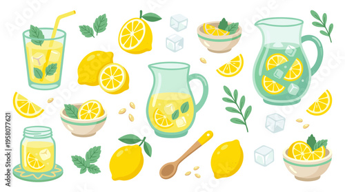 Refreshing summer lemonade set with lemons mint ice cubes and pitcher for a cool beverage on a bright sunny day