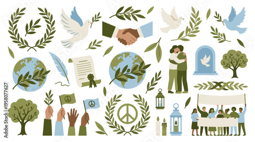 Diverse people unite for peace and global harmony with doves, earth, and symbols of unity and cooperation