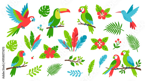 Vibrant tropical birds and exotic jungle foliage collection, colorful parrots toucan hummingbird and palm leaves, paradise nature elements for design