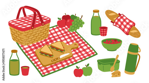 Outdoor picnic spread with basket sandwiches fruit drinks and bread on a checkered blanket for a summer outing