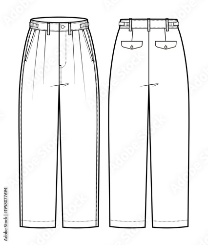 Mens wide leg trousers technical flat fashion sketch vector template illustration front and back view tailored pants formal casual apparel CAD drawing design mockup concept
