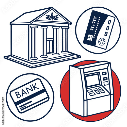 Financial services icons: bank building, atm, credit card, and bank card, representing banking and money transactions, flat design