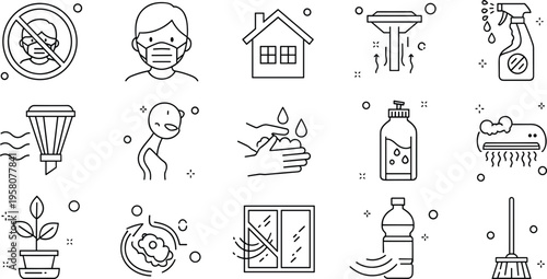 Air Quality and Personal Hygiene Icon Set featuring Face Masks, Air Purifiers, Home Ventilation, Hand Washing, and Sanitization Symbols