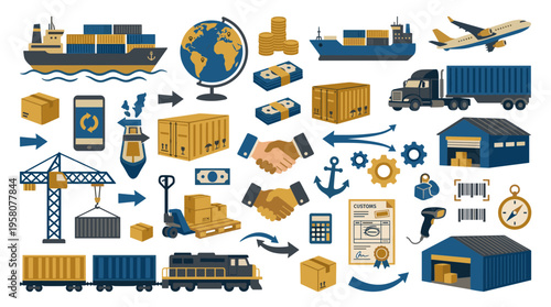 Global logistics and supply chain management illustration with diverse transportation modes and shipping elements