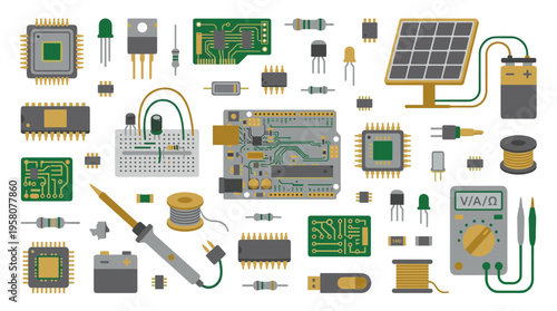 Electronic components and tools for circuit board assembly and DIY projects including microchips resistors capacitors and soldering iron