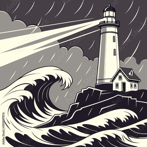 Monochromatic illustration of a lighthouse on a rocky coast during a severe storm with large waves and rain with black and white