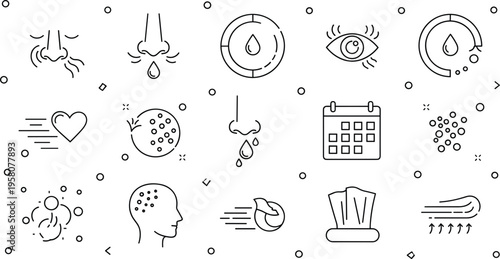 Allergy Symptom and Respiratory Health Tracking Icon Set featuring Sneezing, Runny Nose, Eye Irritation, Brain Fog, and Medical Calendar Logs