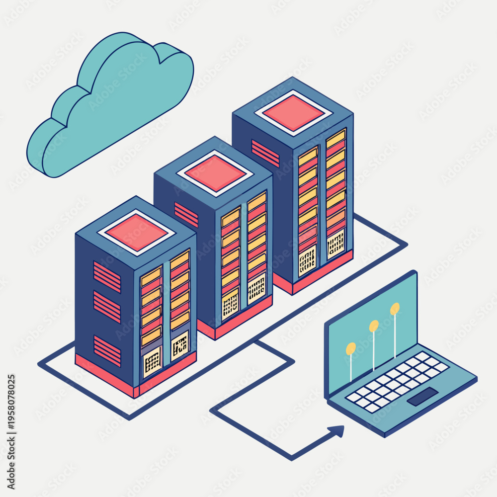 Naklejka premium Isometric illustration of cloud servers connected to a laptop, representing data storage, technology, and digital information transfer