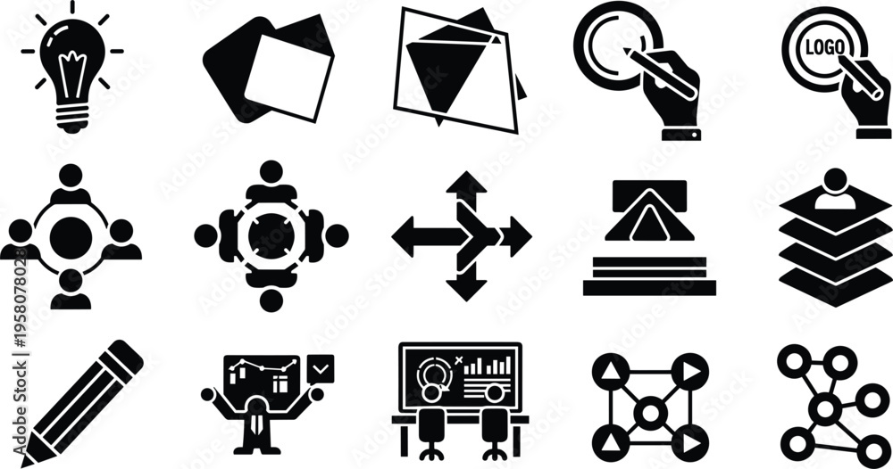 Fototapeta premium Creative Team Collaboration and Business Strategy Solid Icon Set featuring Ideation, Strategic Planning, Meeting Tables, and Data Visualisation Symbols