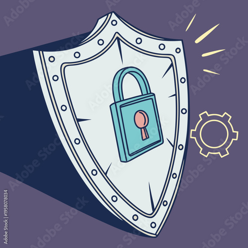 Stylized shield with padlock and gear icon, representing digital security, data protection, and technological safety