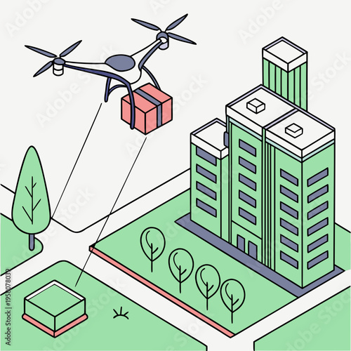 Drone delivering package to city buildings, showing urban logistics, drone transport, and futuristic delivery solutions, e commerce