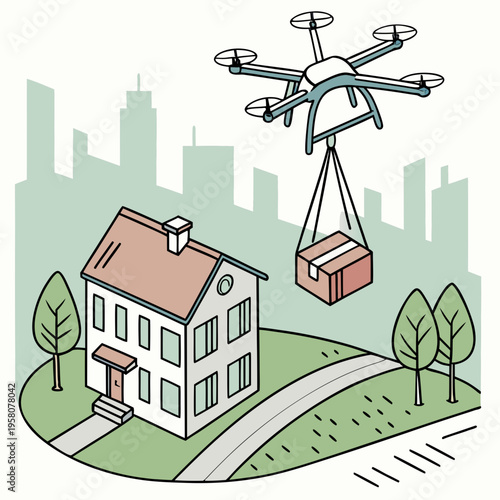 Drone delivering package to suburban house, illustrating modern logistics, drone delivery, and automated shipping, e commerce