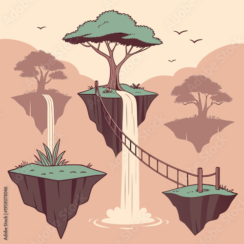 Three connected floating islands with waterfalls and trees, creating a fantastical landscape bridge concept, bridge crossing