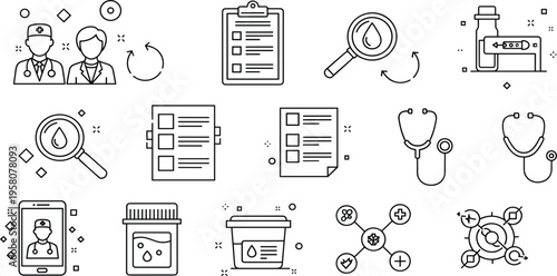 Medical Diagnostics and Telehealth Icon Set featuring Laboratory Test Results, Blood Analysis, Physician Avatars, and Clinical Stethoscope Symbols