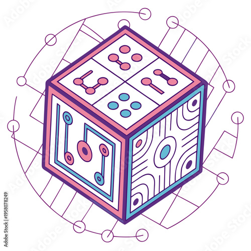 Abstract isometric cube with geometric patterns and circuits, in pink, blue, and purple, representing data, technology, or puzzle solving, three dimensional