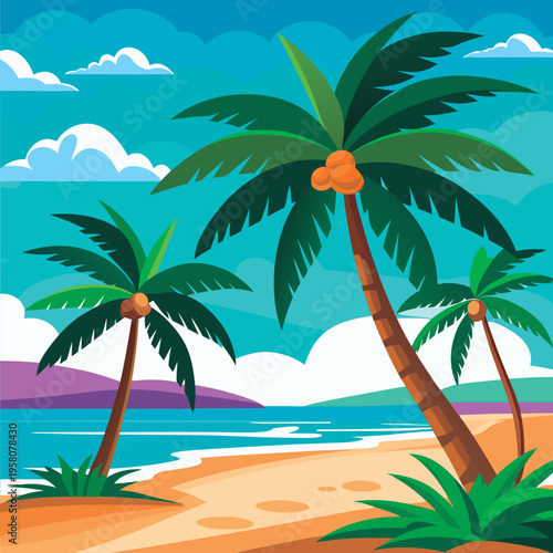 Tropical beach scene with palm trees.