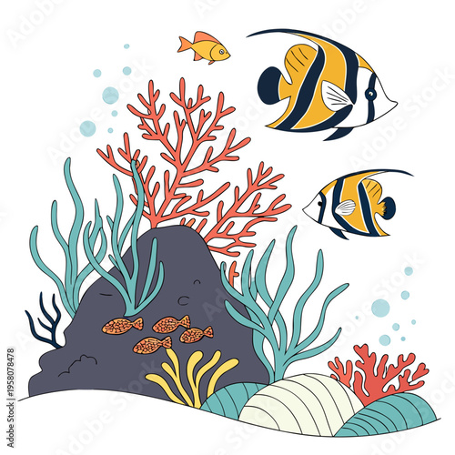 Tropical fish among colorful coral and seaweed in shallow underwater environment