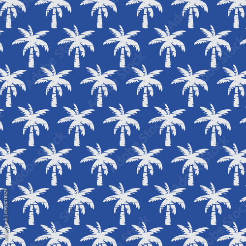 A pattern of white palm trees on a blue background. Tropical vector illustration for textile design. Suitable for summer holiday wallpaper, wrapping paper, and web decor.