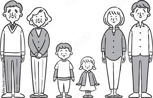 家族三世代　全身　ベクター（モノクロ）
