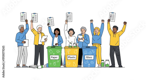 Diverse group of people actively participating in recycling efforts.