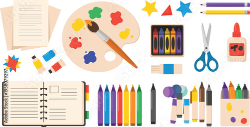 Art supplies set with paints brushes crayons and stationery, creative tools for drawing and crafting flat vector illustration collection for school design