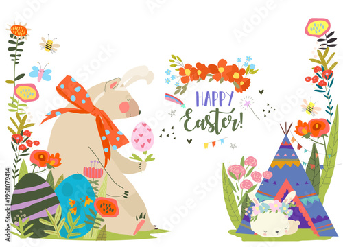 Easter Card with Flowers, Bear and Easter Eggs