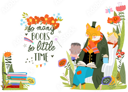 Cute Fox reading Book with Little Boy and Girl