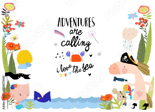 Cartoon Card with Cute Animals celebrating Pirate Party