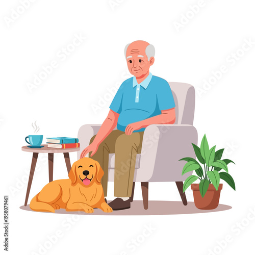 Elderly Man Relaxing with Golden Retriever Dog in Armchair, Companionship