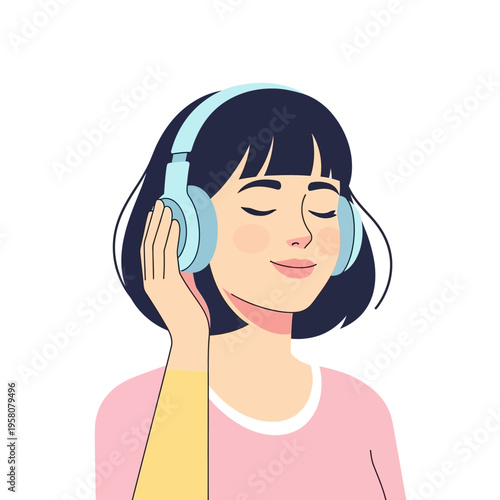 Young Woman Enjoying Music with Headphones, Eyes Closed, Peaceful Expression