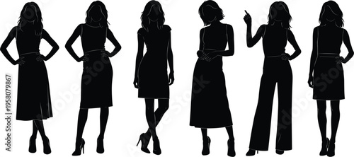 Elegant women silhouettes, female fashion models standing poses, stylish ladies in dresses isolated, beauty and lifestyle concept, modern illustration set, fashion design elements