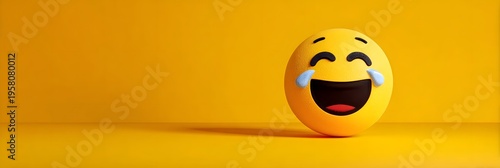 Vibrant yellow three dimensional emoji character laughing with tears of joy on a bright monochromatic background with soft studio lighting conveying humor