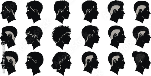Men head silhouettes collection, male hairstyle profiles set, different hair and beard styles faces isolated, barber shop concept, fashion illustration, modern design elements
