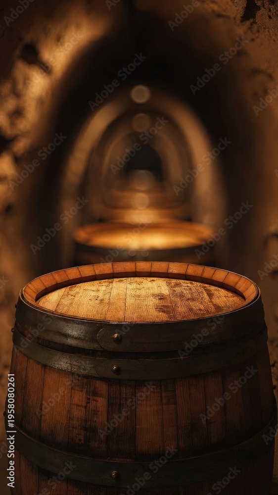 Fototapeta premium Wooden Barrel in Old Underground Cellar