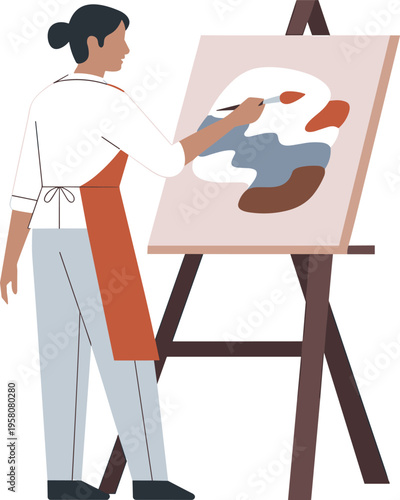 Woman artist painting on canvas vector, flat illustration of female painter with easel and brush in art studio
