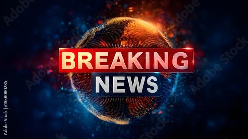 Global breaking news broadcast graphic with glowing digital earth planet showing urgent world information on a dark background with abstract light particles