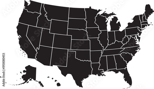 Black and white map of the United States America geography