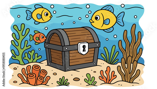 A treasure chest illustration with colorful fish and coral underwater scene