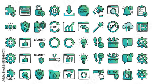 Browser Extension and Plugin Icon Set in Hand-drawn Doodle Style. A collection of Software Icons, including puzzle, gear, lock, shield, download, update, search, star, ads, bulb, tool