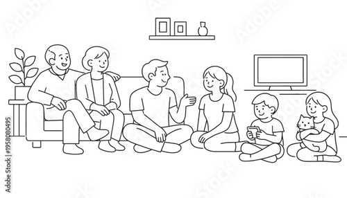 Family sitting together in a living room with a television