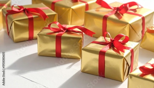 A vibrant red gift box wrapped in decorative paper and finished with a shimmering gold ribbon bow makes a festive surprise for a Christmas celebration or birthday anniversary celebration