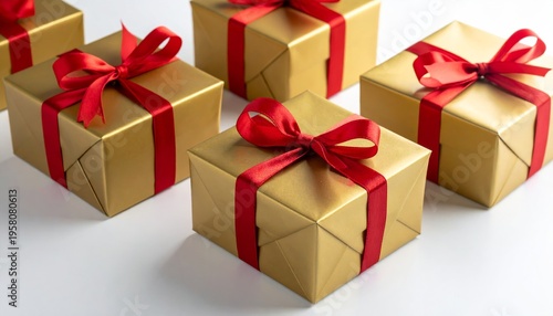 A vibrant red gift box wrapped in decorative paper and finished with a shimmering gold ribbon bow makes a festive surprise for a Christmas celebration or birthday anniversary celebration
